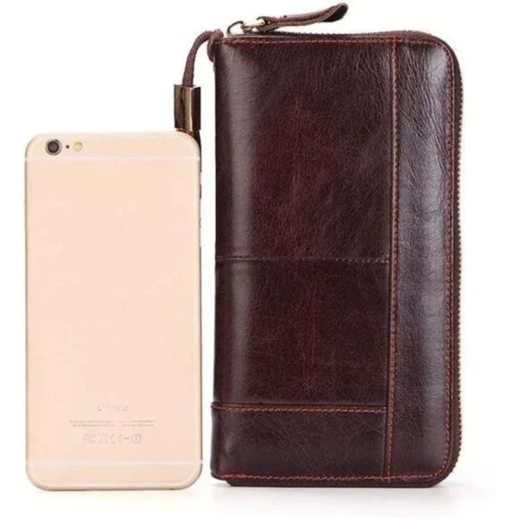 Mens Long Wallet Leather Coffee Zipper Wallet - Picture 5 of 6